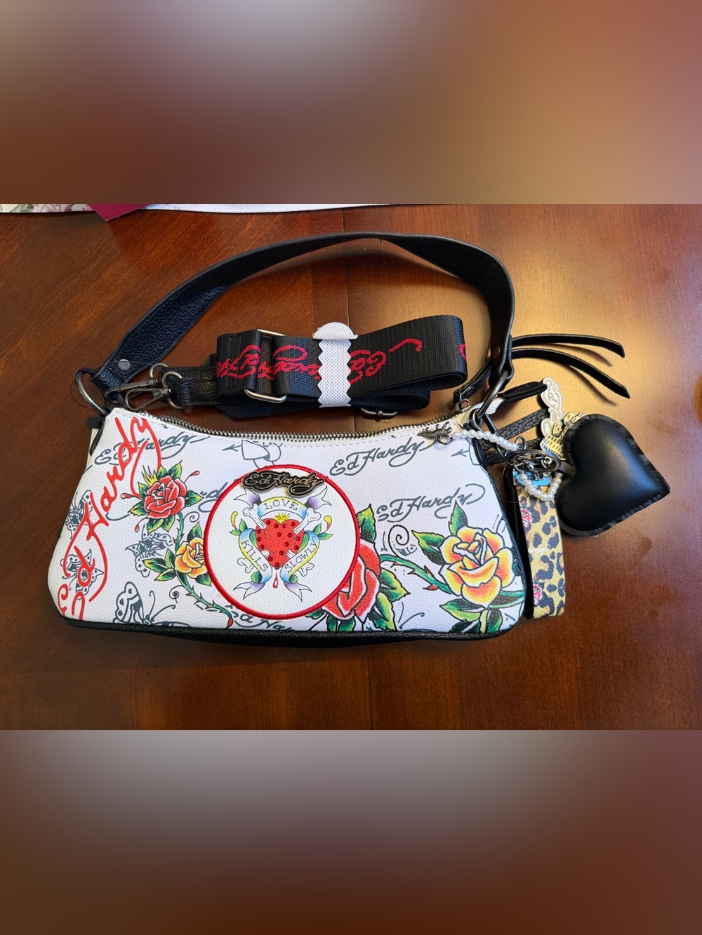 Ed Hardy White Floral Tattoo Crossbody with Black Strap